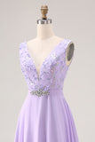 Lilac A Line Sequin Applique Long Bridesmaid Dress with Slit