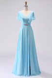 Sky Blue A Line V Neck Rhinestone Ruffled Long Bridesmaid Dress with Slit