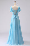 Sky Blue A Line V Neck Rhinestone Ruffled Long Bridesmaid Dress with Slit