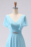 Sky Blue A Line V Neck Rhinestone Ruffled Long Bridesmaid Dress with Slit