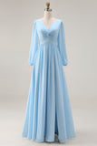 Sky Blue Ruched A Line V Neck Long Sleeve Bridesmaid Dress with Slit
