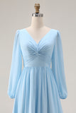 Sky Blue Ruched A Line V Neck Long Sleeve Bridesmaid Dress with Slit