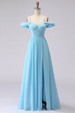 Cold Shoulder Sky Blue A Line Corset Long Bridesmaid Dress with Slit
