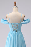 Cold Shoulder Sky Blue A Line Corset Long Bridesmaid Dress with Slit