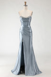 Grey Blue Mermaid Strapless Beaded Corset Ruched Long Prom Dress with Slit