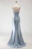 Grey Blue Mermaid Strapless Beaded Corset Ruched Long Prom Dress with Slit