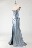 Grey Blue Mermaid Strapless Beaded Corset Ruched Long Prom Dress with Slit