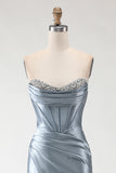 Grey Blue Mermaid Strapless Beaded Corset Ruched Long Prom Dress with Slit