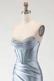 Grey Blue Mermaid Strapless Beaded Corset Ruched Long Prom Dress with Slit
