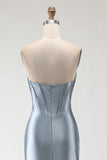 Grey Blue Mermaid Strapless Beaded Corset Ruched Long Prom Dress with Slit