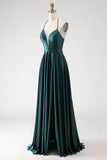 Dark Green A-Line Halter Lace Up Back Long Prom Dress with Slit