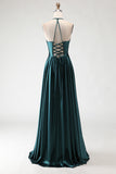 Dark Green A-Line Halter Lace Up Back Long Prom Dress with Slit