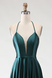 Dark Green A-Line Halter Lace Up Back Long Prom Dress with Slit