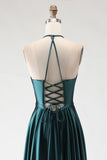 Dark Green A-Line Halter Lace Up Back Long Prom Dress with Slit