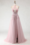 Glitter Blush Pink Halter A-Line Sequins Cut Out Corset Long Prom Dress with Slit