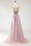 Glitter Blush Pink Halter A-Line Sequins Cut Out Corset Long Prom Dress with Slit