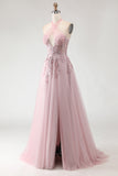 Glitter Blush Pink Halter A-Line Sequins Cut Out Corset Long Prom Dress with Slit