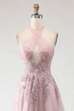 Glitter Blush Pink Halter A-Line Sequins Cut Out Corset Long Prom Dress with Slit
