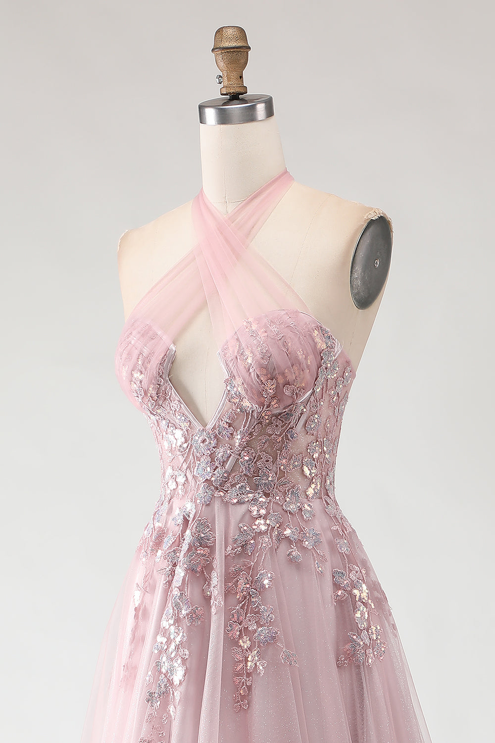 WEDTREND Women Glitter Blush Pink Long Prom Dress with Slit Halter A-Line Corset Sequins Cut Out Wedding Party Dress with Embroidery WEDTREND Women Glitter Blush Pink Long Prom Dress with Slit Halter A-Line Corset Sequins Cut Out Wedding Party Dress with Embroidery