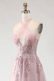Glitter Blush Pink Halter A-Line Sequins Cut Out Corset Long Prom Dress with Slit