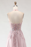 Glitter Blush Pink Halter A-Line Sequins Cut Out Corset Long Prom Dress with Slit