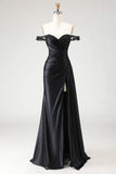 Black Mermaid Off The Shoulder Lace Up Back Streamer Beaded Long Prom Dress with Slit