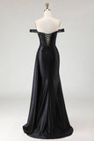 Black Mermaid Off The Shoulder Lace Up Back Streamer Beaded Long Prom Dress with Slit