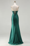 Strapless Dark Green Mermaid Beaded Corset Long Prom Dress with Slit