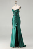 Strapless Dark Green Mermaid Beaded Corset Long Prom Dress with Slit