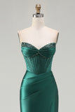 Strapless Dark Green Mermaid Beaded Corset Long Prom Dress with Slit