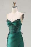 Strapless Dark Green Mermaid Beaded Corset Long Prom Dress with Slit