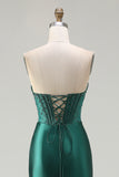 Strapless Dark Green Mermaid Beaded Corset Long Prom Dress with Slit
