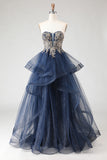 Glitter Navy Strapless Princess Spiral Ruffles Long Prom Dress with Lace Up Back