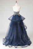 Glitter Navy Strapless Princess Spiral Ruffles Long Prom Dress with Lace Up Back