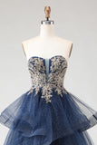 Glitter Navy Strapless Princess Spiral Ruffles Long Prom Dress with Lace Up Back