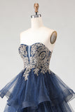 Glitter Navy Strapless Princess Spiral Ruffles Long Prom Dress with Lace Up Back