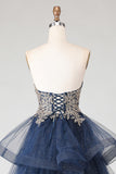 Glitter Navy Strapless Princess Spiral Ruffles Long Prom Dress with Lace Up Back