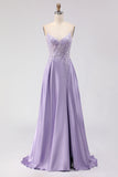 Purple A Line Spaghetti Straps Sequins Satin Open Back Long Prom Dress with Slit