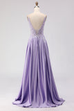 Purple A Line Spaghetti Straps Sequins Satin Open Back Long Prom Dress with Slit