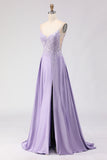 Purple A Line Spaghetti Straps Sequins Satin Open Back Long Prom Dress with Slit