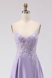 Purple A Line Spaghetti Straps Sequins Satin Open Back Long Prom Dress with Slit