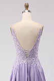 Purple A Line Spaghetti Straps Sequins Satin Open Back Long Prom Dress with Slit
