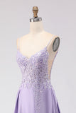 Purple A Line Spaghetti Straps Sequins Satin Open Back Long Prom Dress with Slit