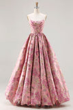 Princess Pink Floral Jacquard Strapless Corset Long Prom Dress