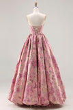 Princess Pink Floral Jacquard Strapless Corset Long Prom Dress