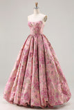 Princess Pink Floral Jacquard Strapless Corset Long Prom Dress
