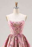 Princess Pink Floral Jacquard Strapless Corset Long Prom Dress