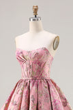 Princess Pink Floral Jacquard Strapless Corset Long Prom Dress