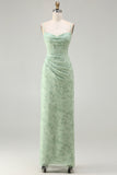 Green Sheath Corset Print Floral Long Bridesmaid Dress with Lace Up Back