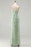 Green Sheath Corset Print Floral Long Bridesmaid Dress with Lace Up Back